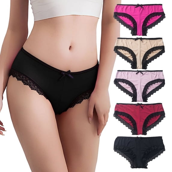 Women's Lace French Brief Mid-Waist Stretch Hipster Underwear Sexy Breathable Seamless Panties GB12 Black XL