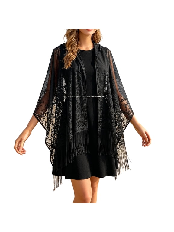 Women's Lace Fringe Shawl - Lightweight Sheer Beach Cover Up Wrap for Vacation, One Size,One Size