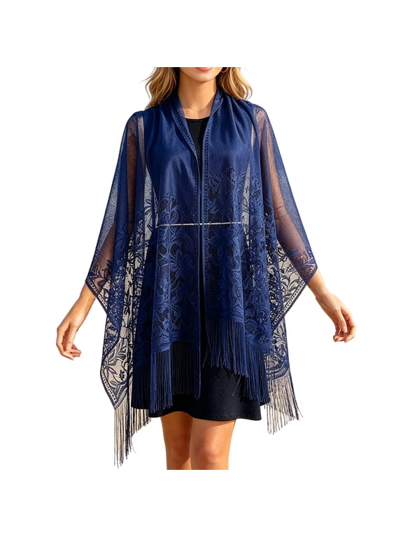 Women's Lace Fringe Shawl - Lightweight Sheer Beach Cover Up Wrap for Vacation, One Size,One Size