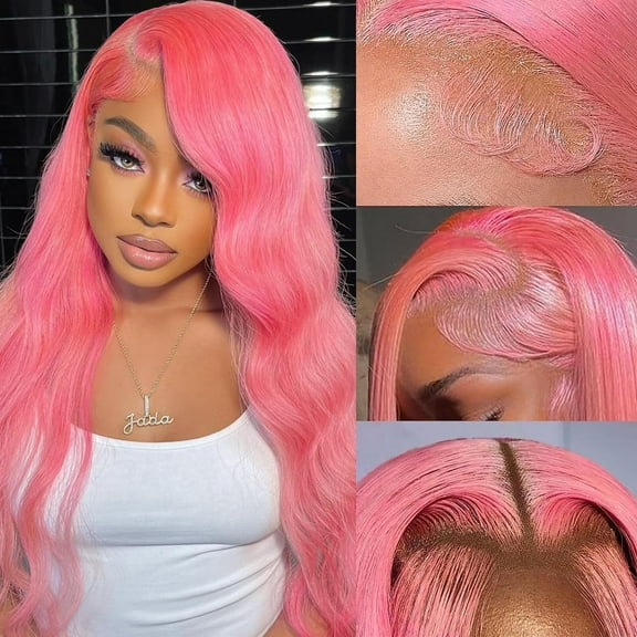 Women's Lace Front Synthetic Fiber Wig Pink Long Curly Hair Big Wave