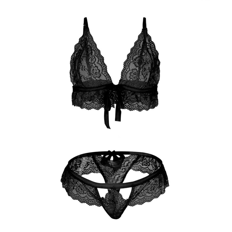 Women's Lace Gathered Thin Wireless Bra Set Lingerie Underwear Pajamas Set  Bra & Brief Sets Black XXXL