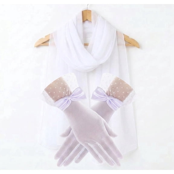 Women's Lace Gloves & Long Bandana Set, One Size Vintage Tulle Gloves, Wedding Tea Party Gift