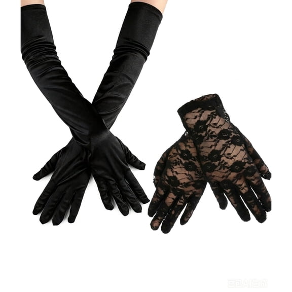 Women's Lace Gloves & Satin Opera Gloves Set, Floral Lace & 20.4" Long Satin,Formal Wedding Prom Gift