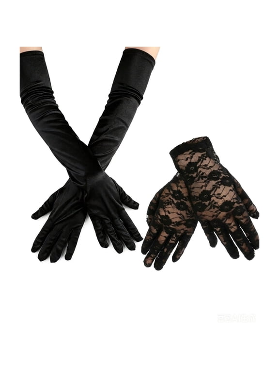 Women's Lace Gloves & Satin Opera Gloves Set, Floral Lace & 20.4" Long Satin,Formal Wedding Prom Gift