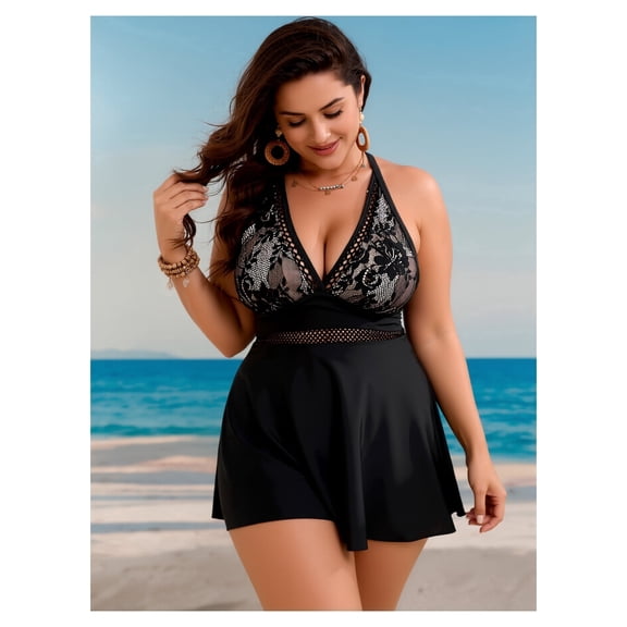 Women's Lace Halter Swim Dress Halter Neck One-Piece V-Neck Mesh Swimsuit