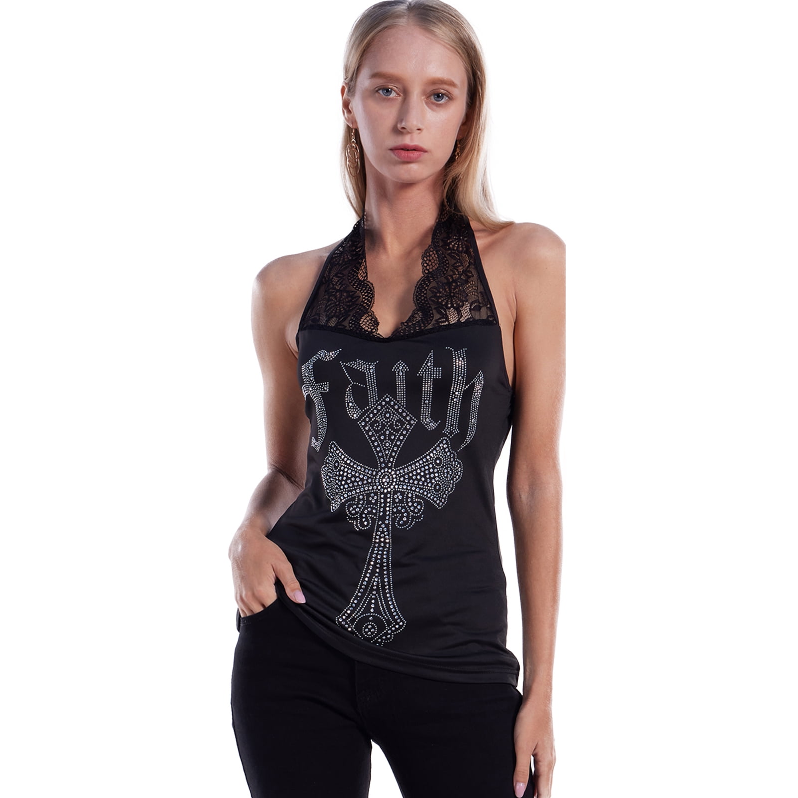 Women's Lace Halter Tank Top Rhinestone Cross Gothic Sleeveless