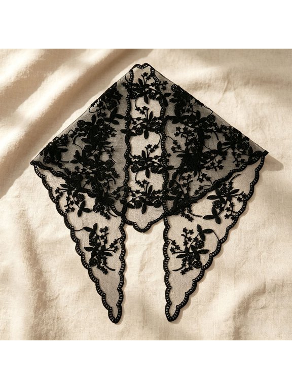 Women's Lace Headscarf,Breathable Lightweight Skin-Friendly Fabric,Elegant One-Sided Floral Print Chapel Veil,Wedding Prayer Cover,Versatile Sleep Cap Neck Wrap for All Seasons Black