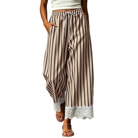 Women's Lace Hem Striped Lounge Pants Elastic Waist Drawstring Wide Leg Palazzo Trousers with Pockets Boho Beach Vacation Flowy Pants Coffee