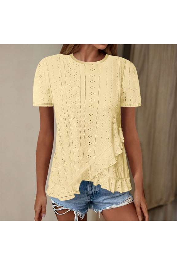 Women's Lace Hem T-Shirt, Casual Short Sleeve Round Neck Top, Irregular Hem Blouse with Stretch Knit Fabric for Daily Wear