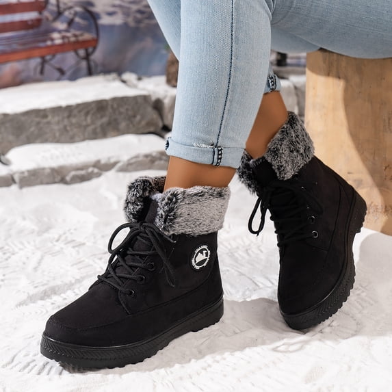 Women's Lace Up High Top Boots Suede Fluffy Furry Cuff Full Fleece Lined Round Toe Anti-Slip Thick Block Sole Windproof for Snowy Cold Outdoor Walking, Snow Boots for Women Black 10