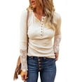 thumbnail image 1 of Women's Lace Hollow Out Top Tee Buttons O-Neck Long Sleeve T Shirts, 1 of 2