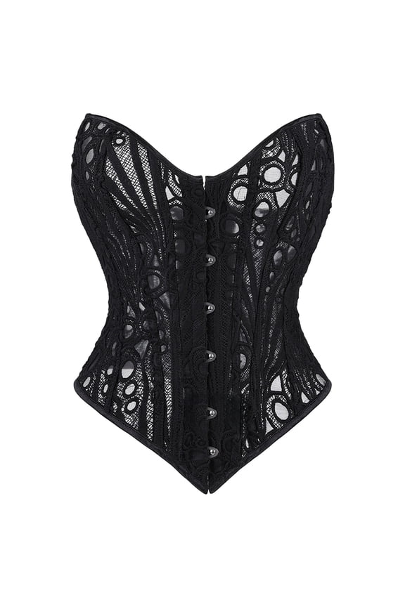 Women's Lace Hollow Out Overbust Corset Top with Pointed Cup and V Shaped Hem, Sexy Bustier with Boning Detail, for Going Out, Party, Club Events or Date Night Outfits Black L