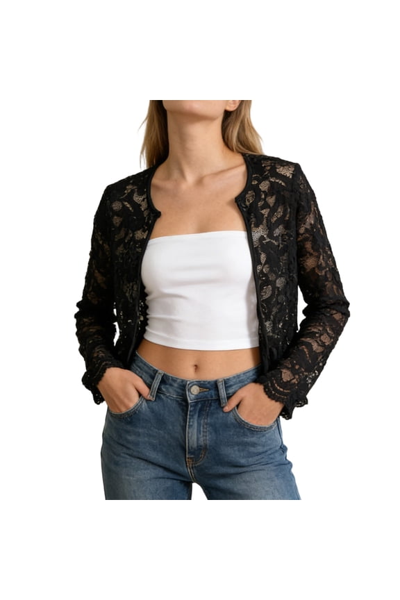 Women's Lace Jacket Sheer Mesh Open Front Cardigan Color Black Size M
