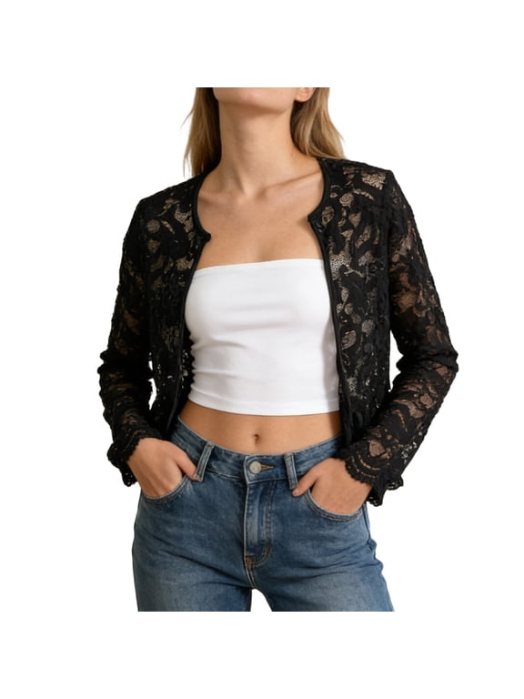 Women's Lace Jacket Sheer Mesh Open Front Cardigan Color Black Size S