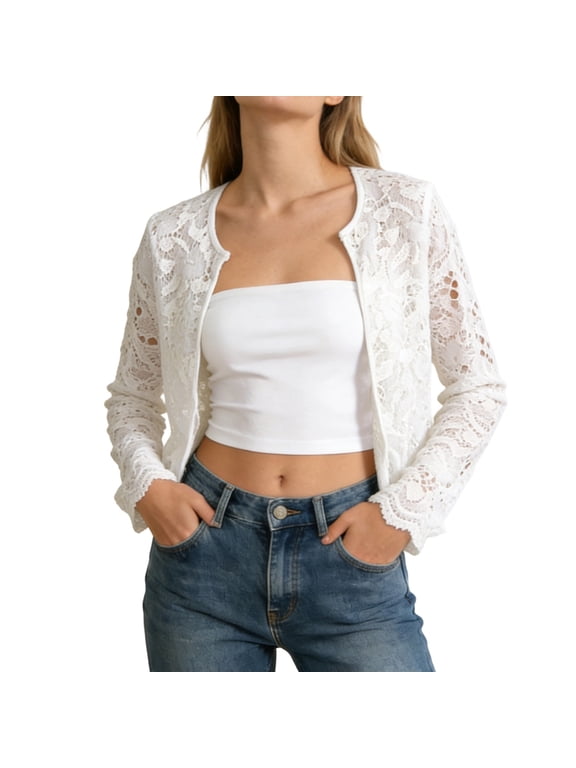 Women's Lace Jacket Sheer Mesh Open Front Cardigan Color White Size S