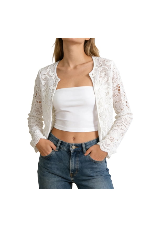 Women's Lace Jacket Sheer Mesh Open Front Cardigan Color White Size XXL
