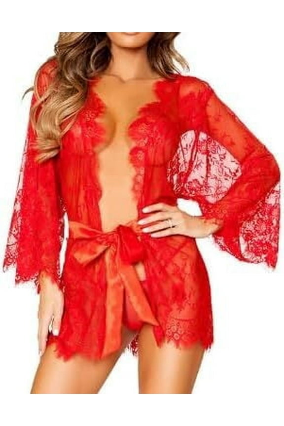 Women's Lace Kimono Robe Floral Deep V Lingerie Mesh Nightgown for Women Chemise Babydoll Lingerie Cover Up Sheer Robe with Belt, Red