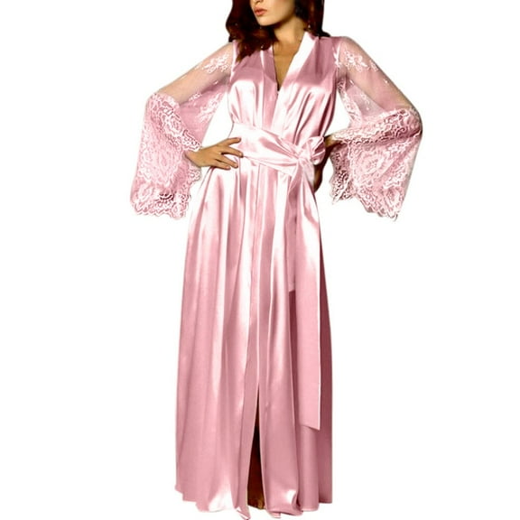 Women's Lace Lingerie 0 Women Satin Long Nightdress Silk Lace Lingerie Nightgown Sleepwear Sexy Robe, Women's Intimates L
