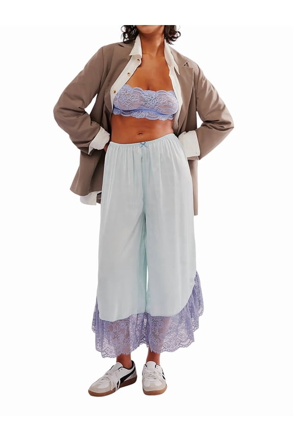 Women's Lace Long Bloomer Y2K Ruffle Victorian Pettipants Slip Pajama Bottoms Pants Light Blue L