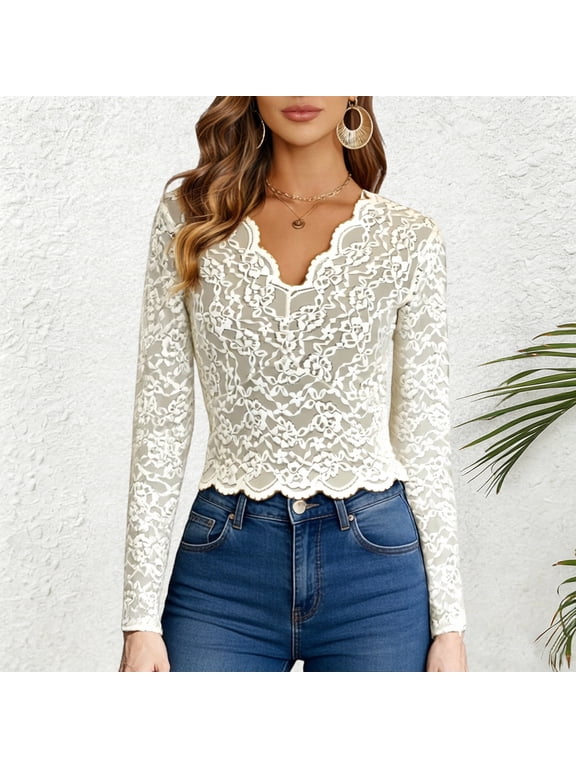 Women's Lace Long Sleeve Top Lace Mesh Undershirt Blouse V Neck Lace Layering Shirt (White M)