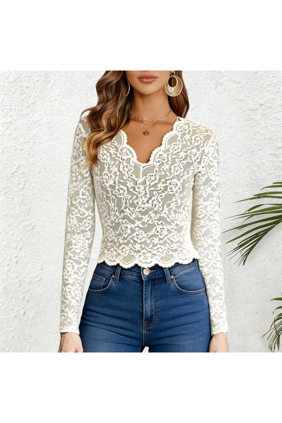 Women's Lace Long Sleeve Top Lace Mesh Undershirt Blouse V Neck Lace Layering Shirt (White XL)