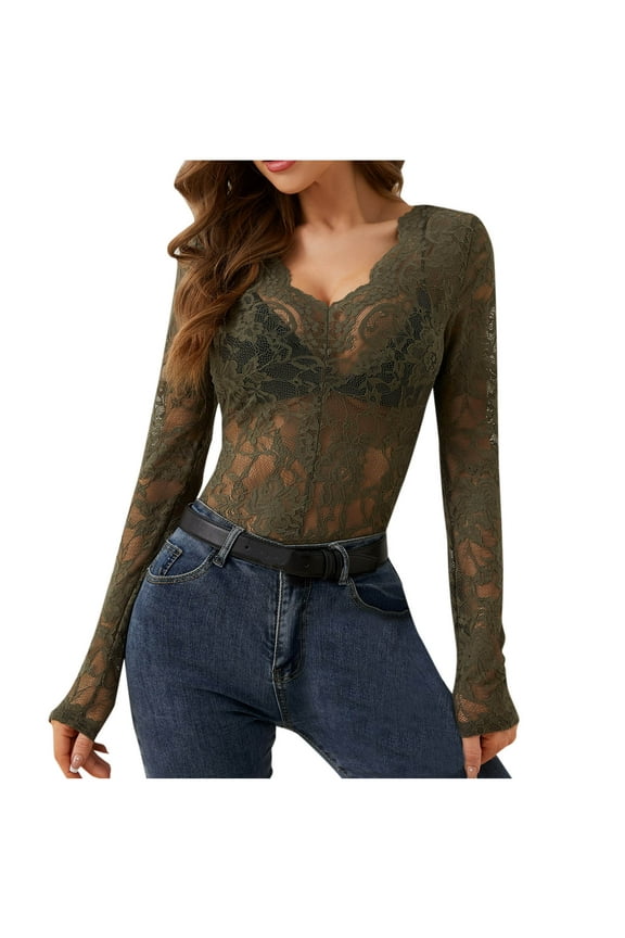 Women's Lace Long Sleeve Top Sheer Mesh Undershirt Blouse Floral See Through V-Neck Lace Layering Tee Shirt