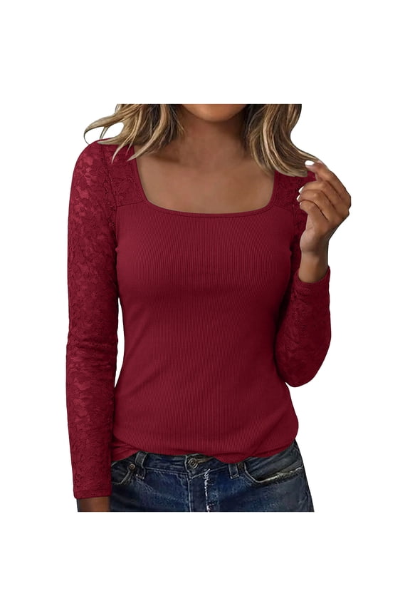 Women's Lace Long Sleeve Tops Ribbed Patchwork Sexy U-neck Slimming Fit Shirts Going Out Concert Outfits