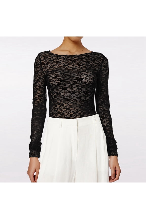 Women's Lace Long Sleeve Transparent Floral Pattern Mesh Top, L, Black