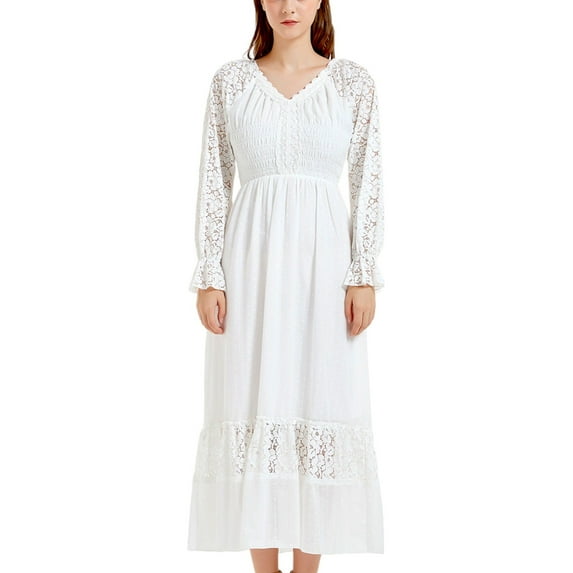 Women's Lace Long Sleeve V Neck Fall Maxi Dress- Medium,Off White