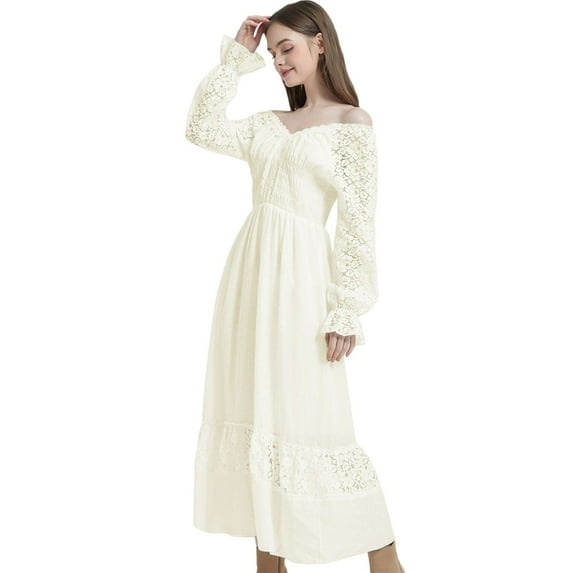 Women's Lace Long Sleeve V Neck Fall Maxi Dress- Small,Beige
