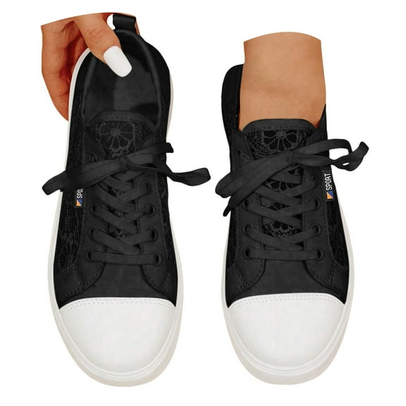 Women's Lace Low Top Fashion Sneakers Breathable Casual Walking Flats Lace up Canvas Tennis Shoes Black White