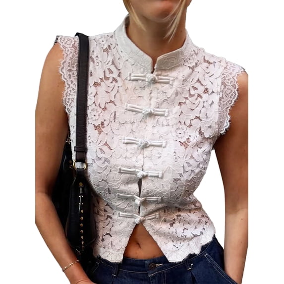 Women's Lace Mandarin Collar Guipure Split Tank Top Sleeveless Shirt Blouses White S