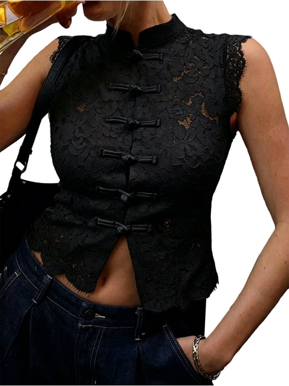 Women's Lace Mandarin Collar Guipure Split Tank Top Sleeveless Shirt Blouses