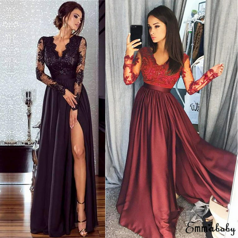 Women's Lace Maxi Dresses Solid Color Loose Front Wrap High Thigh Slit  V-Neck Long Sleeve Evening Party Cocktail Wedding Prom Gown Ladies Long  Dress 