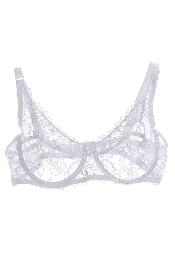 Women's Lace Mesh Bra With Exquisite Embroidery - Sheer Balconette Bralette Unlined Underwire