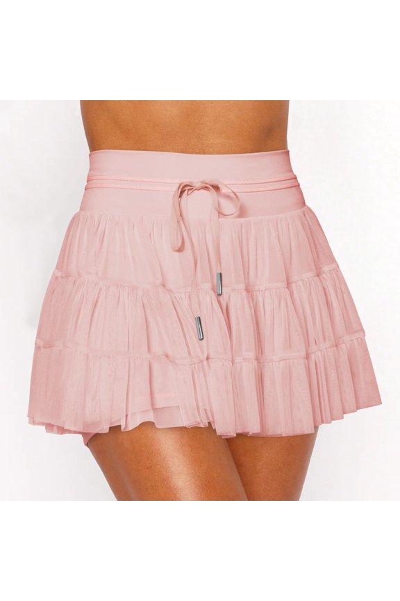 Women's Lace Mesh Panel Skirt, Solid Elastic Waist Pull-On A-Line Skirt