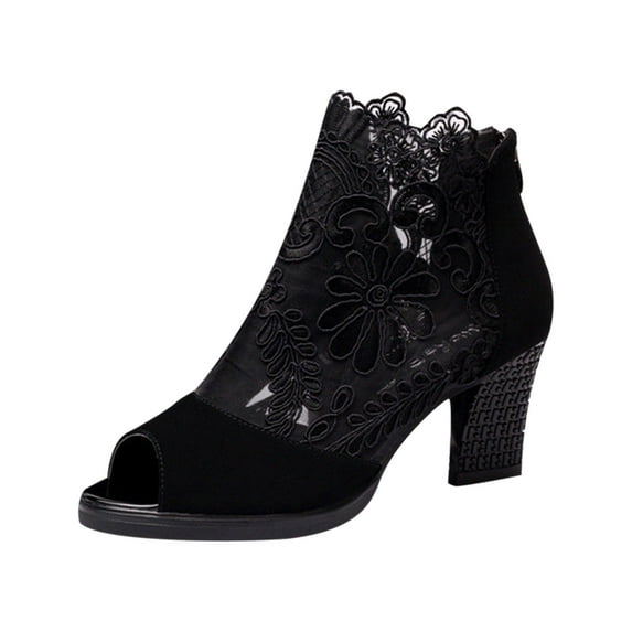 Women's Lace Mesh Sandals Ankle Boots Chunky Block Zipper Heel Ankle Bootie for Women Short Booties