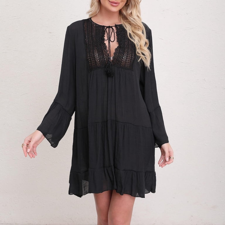 Women's Lace Mini Dress Hollow out V Neck Sheer Beach Cover Up with Tiered Ruffle Hem Summer Boho Travel Wear Womens Coverups for Bathing Suits Black One Size