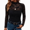 thumbnail image 1 of Women's Lace Mock Neck Top Long Sleeve Floral Sheer Blouse Slim Fit Layering Shirt with Scalloped Edge for Daily Wear, 1 of 5