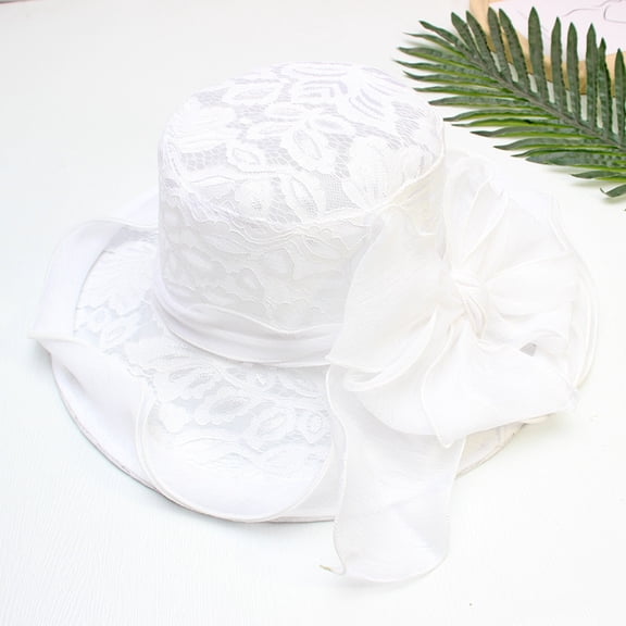 Women’s Lace Organza Bow Hat Wide Brim Fascinator Bucket Hat Cocktail Tea Party Bridal Wedding Church Hat