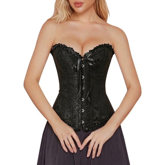Women's Lace Overbust Corset Top Push Up Bustier Bodysuit Shapewear with Adjustable Straps Back Lace Up Closure