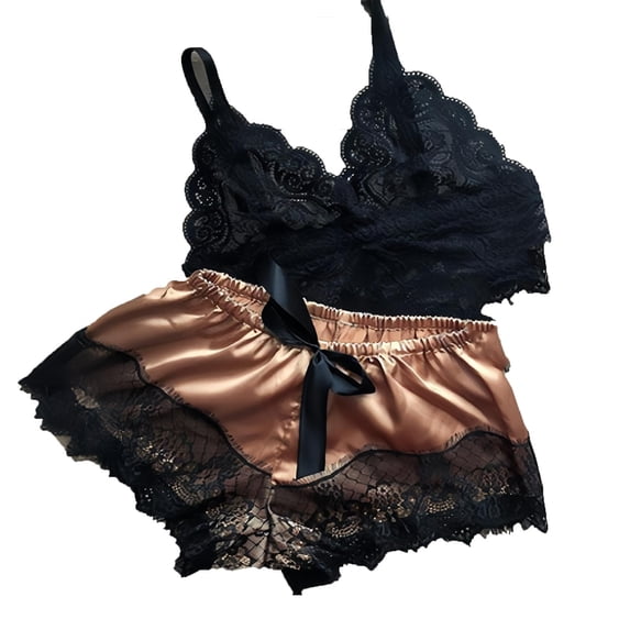 Women's Lace Pajamas Set 2 Piece Lounge Sets Spaghetti Strap Crop Cami Bralette and Short Pjs Comfy Sleepwear
