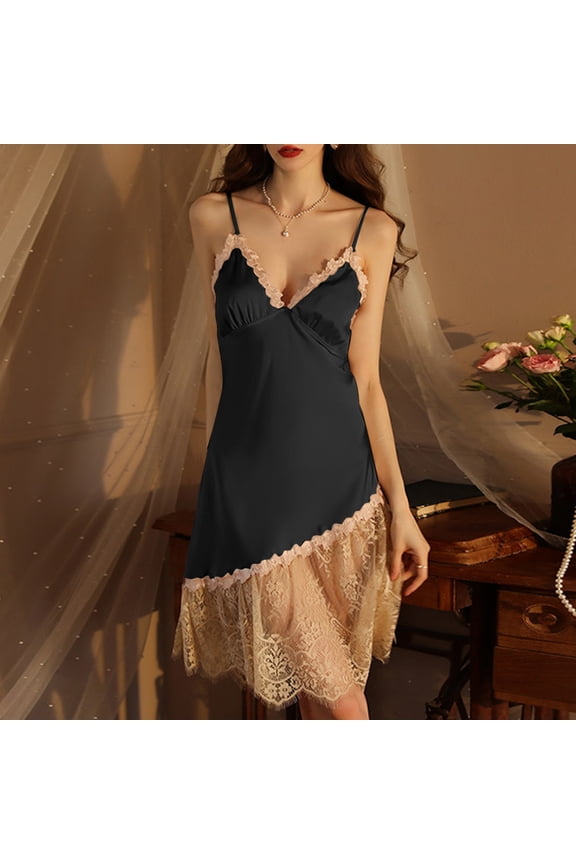 Women's Lace Pajamas, Sexy V-Neck Open Back Nightgown with Slit, Sleeveless Sleepwear Lingerie, Comfortable Nightwear for Women