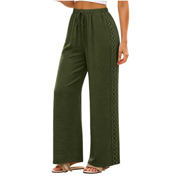 Women's Lace Panel Wide Leg Pants, Ruffled Elastic Waist with Tie Belt, Side Pockets, Openwork Side Panels, Relaxed Fit