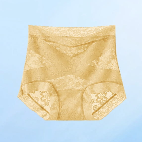 Women's Lace Panties, High Waist Sheer Floral Lace Breathable Shaping Underwear Yellow XXL