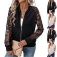 thumbnail image 1 of Women’s Lace Patchwork Baseball Jacket, Long Sleeve Zip Up Outerwear, Trendy Lightweight Casual Coat, Beige, M, 1 of 7