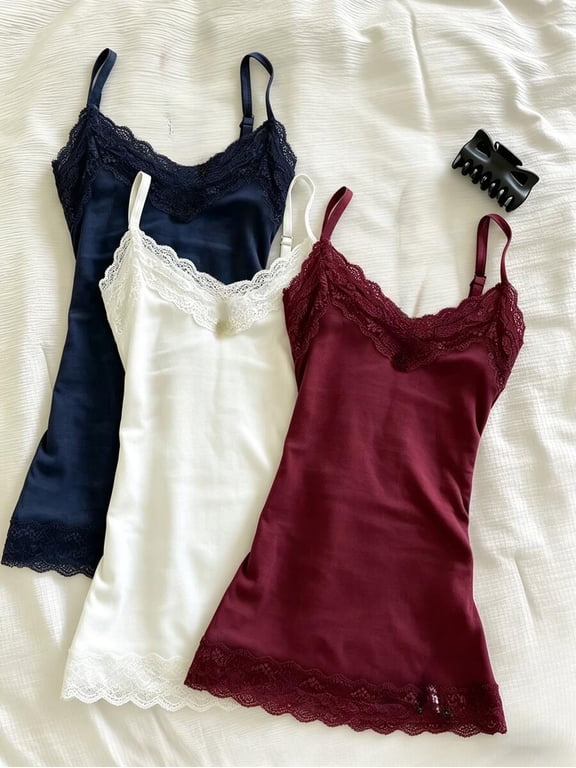 Women's Lace Patchwork Fitted Camisole with V-Neck, Sexy Sleeveless Top for Party and Night Out