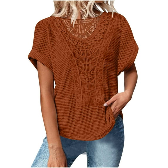 Women's Lace Patchwork Hollow Out Vintage Tops Short Sleeve Round Neck T Shirt Solid Color Fashion Clothes Orange,M