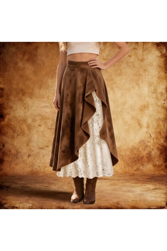 Women's Lace Patchwork Skirt Vintage Western Style Suede Skirt Brown M