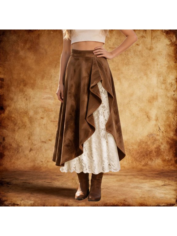 Women's Lace Patchwork Skirt Vintage Western Style Suede Skirt Brown XXL